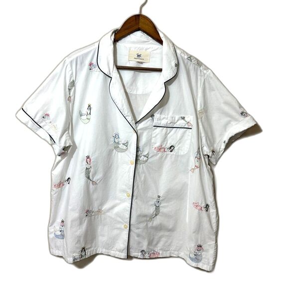 PRINTFRESH White 100% Cotton Mermaid Embroidered Short Sleeve Pajama Top Size L - Picture 2 of 11